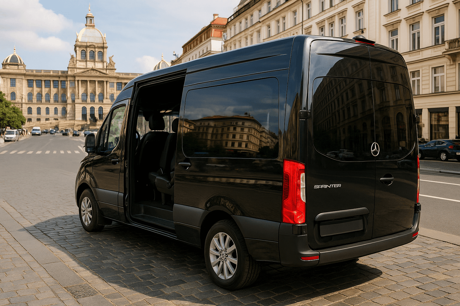 Black van parked on a cobblestone street with historic building in the background.