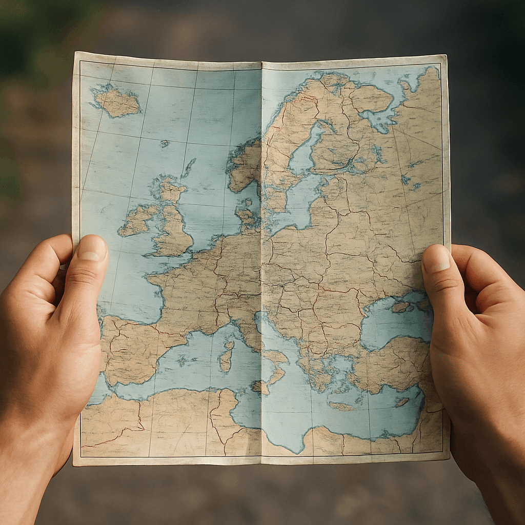 Hands holding an unfolded map of Europe, showing various countries and coastlines.