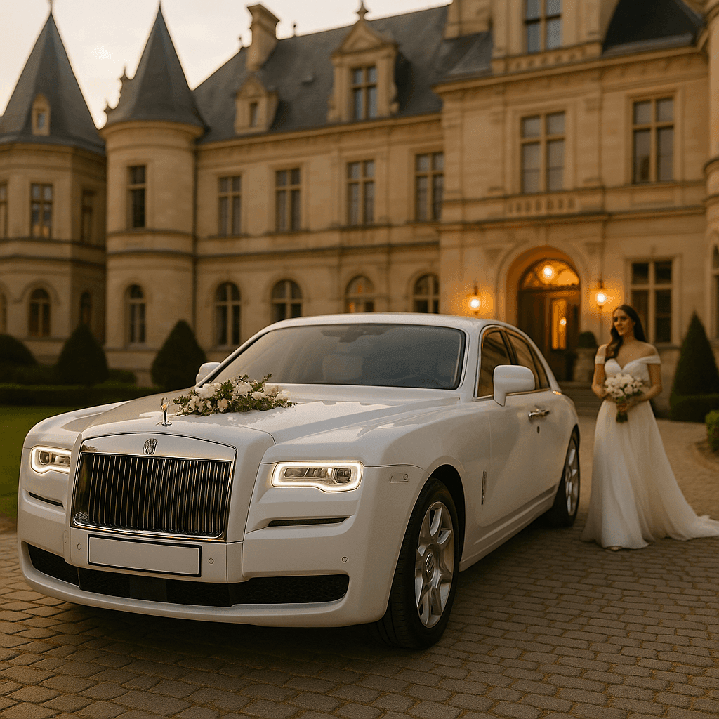 Elegant white luxury car with floral decoration in front of a grand building, bride standing nearby.