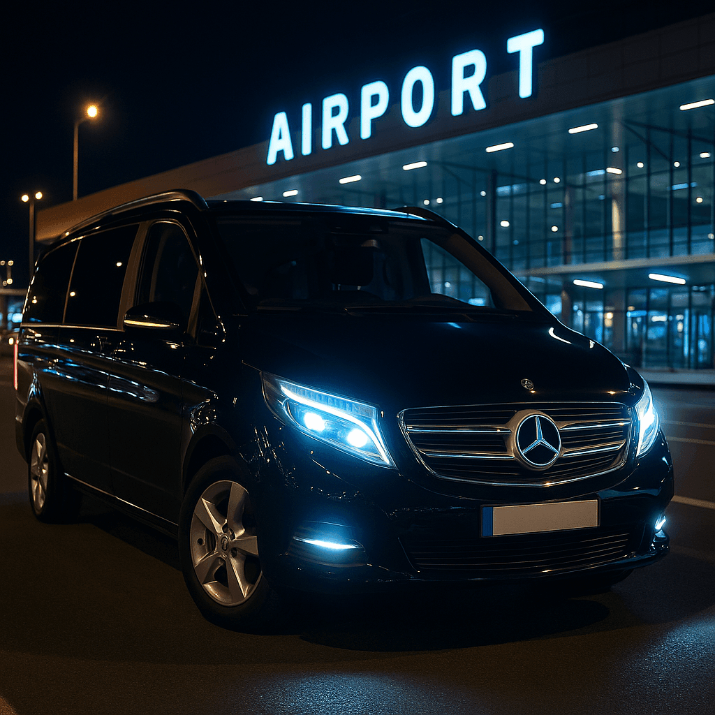 Black Mercedes-Benz van parked in front of illuminated airport terminal at night.
