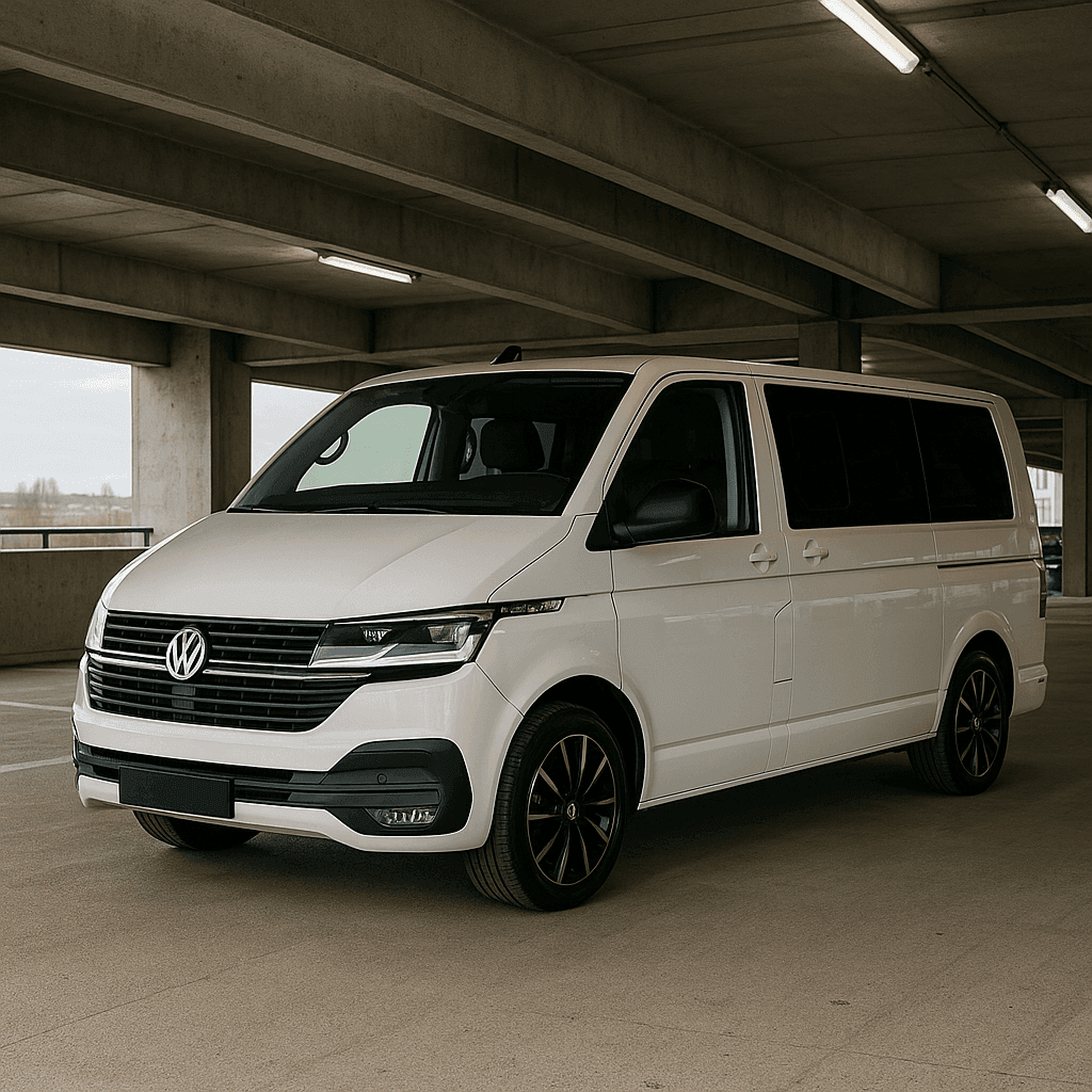 White van parked in an indoor parking garage with concrete pillars and fluorescent lighting.