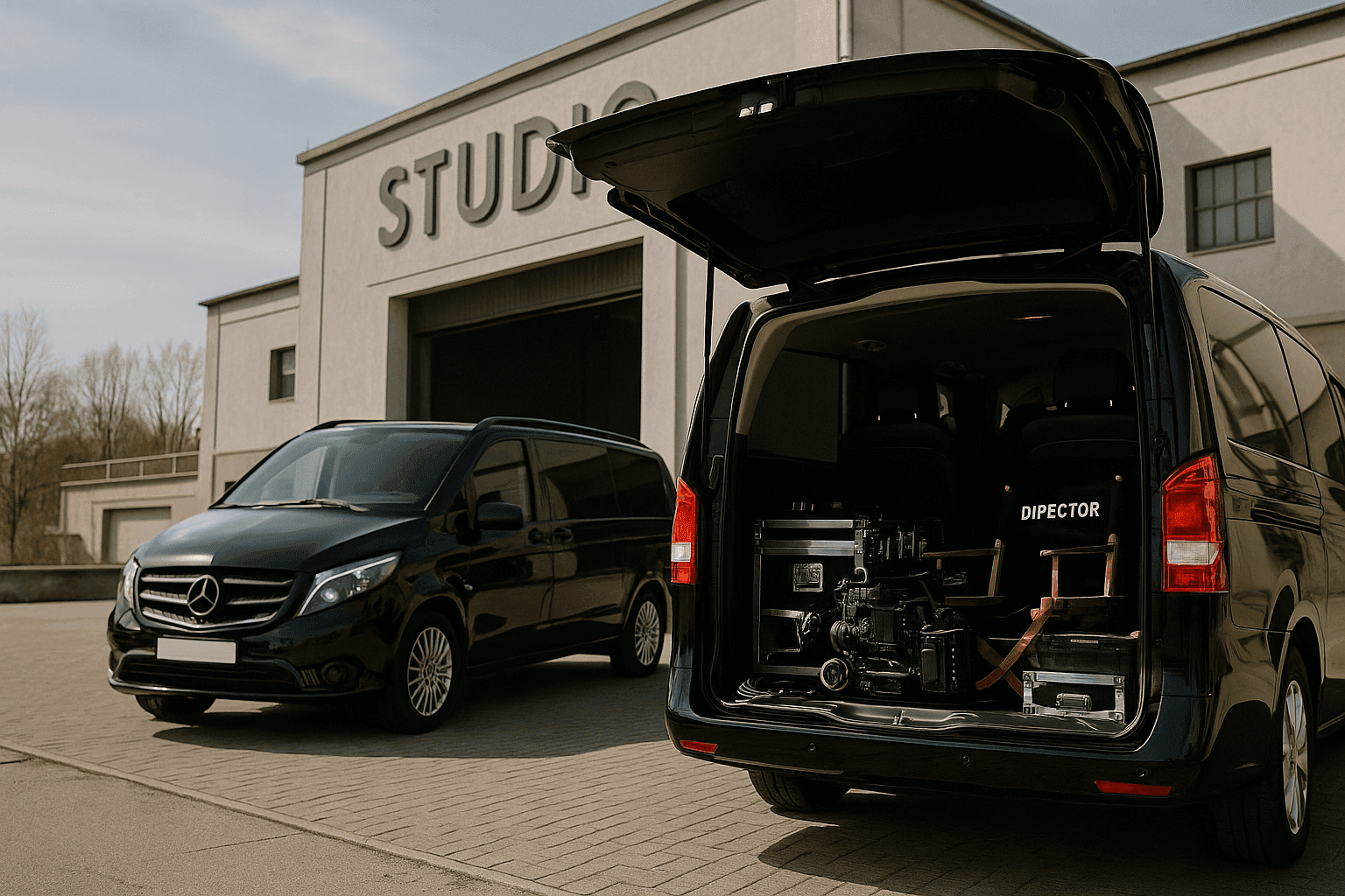 Two black vans parked outside a film studio; one van with rear open showing filmmaking equipment.