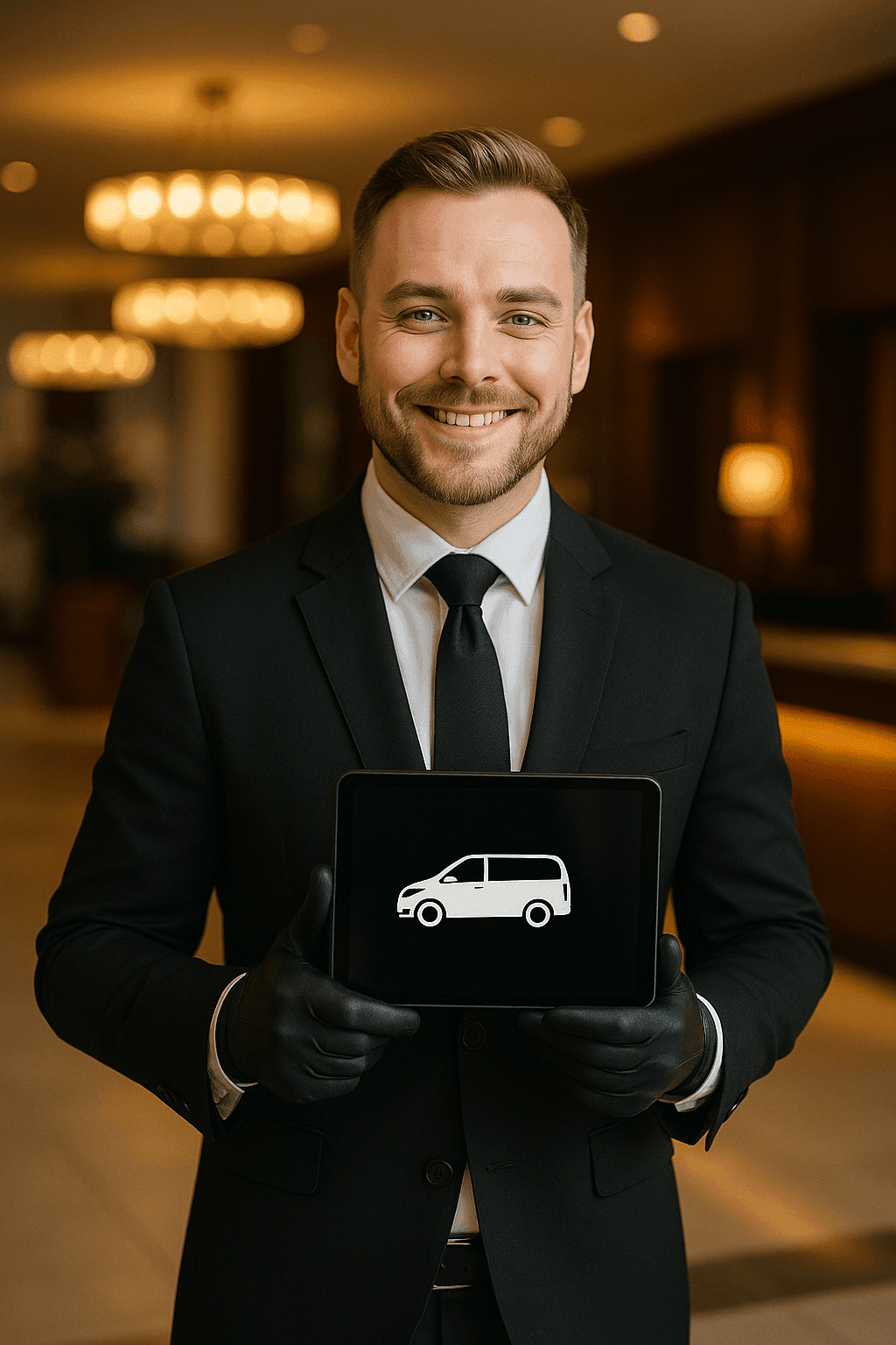 Man in a suit holding a tablet displaying a van icon, standing in a warmly lit room.