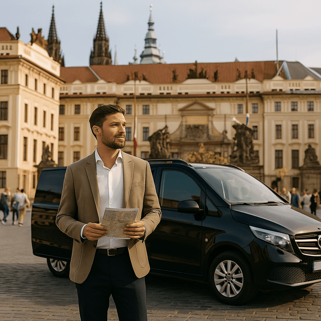 Man in a suit holding a map standing in front of a black van outside a historic building.
